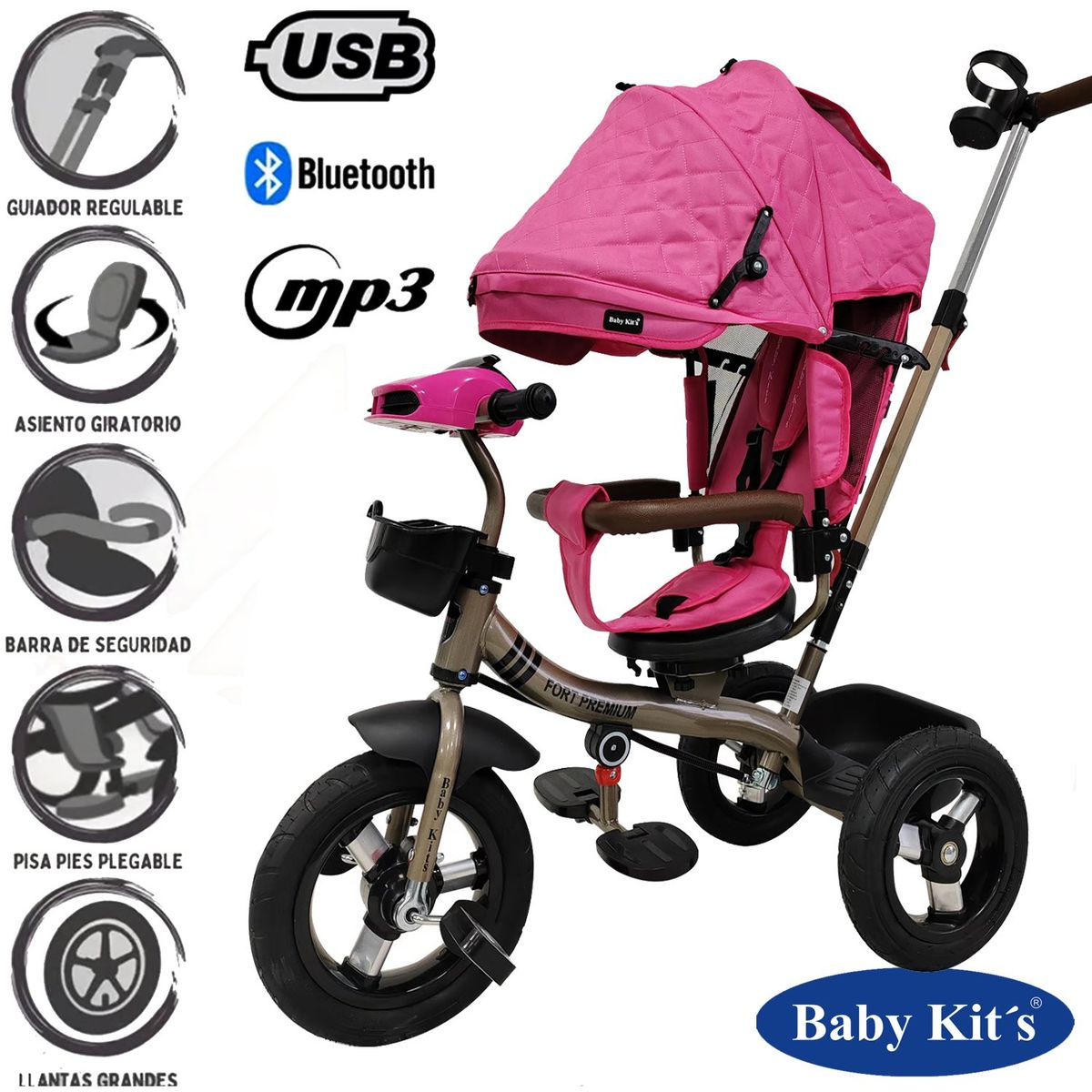 BABY KITS - Triciclo Guiador 3 en 1 «FORT PREMIUM» USB Fucsia