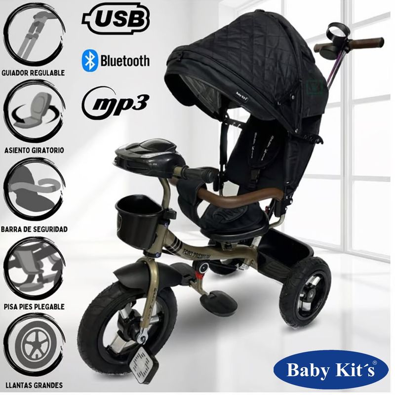 BABY KITS - Triciclo Guiador 5 en 1 FORT PREMIUM GOLD USB Negro