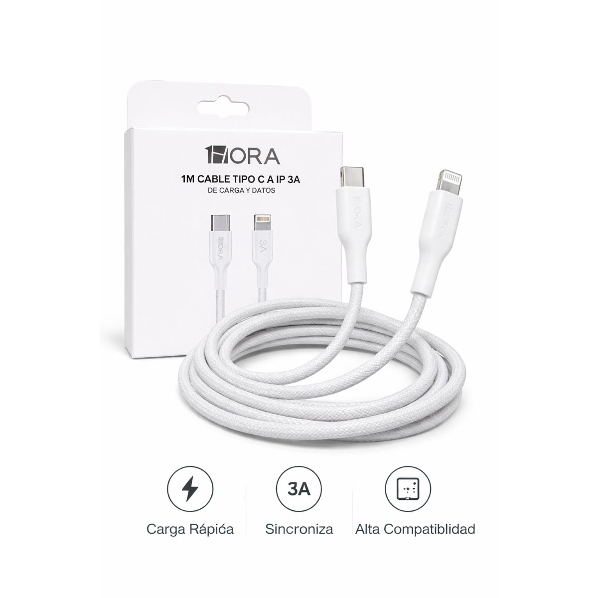 GENERICO - Cable 1HORA Carga Rápida iPhone 3A Datos y Energía 1m