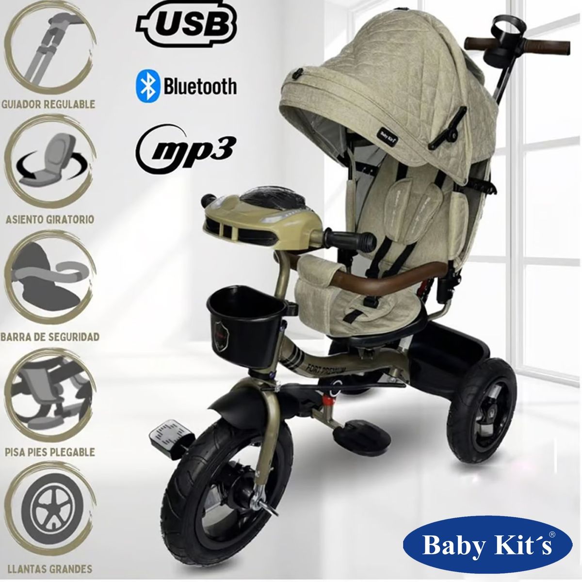 BABY KITS - Triciclo Guiador 5 en 1 FORT PREMIUM GOLD USB Beige