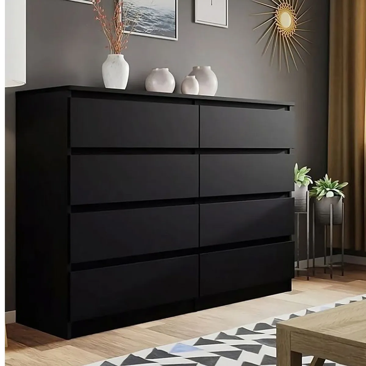 GENERICO - Comoda Melamina Negro 1.20m 8 Cajones