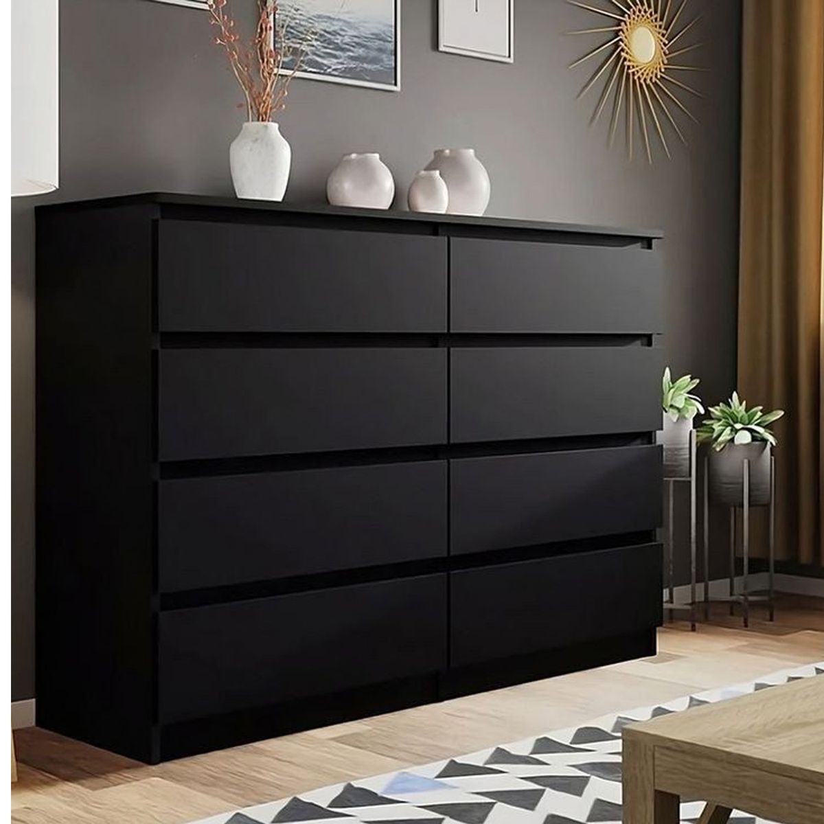 GENERICO - Comoda Melamina Negro 1.20m 8 Cajones