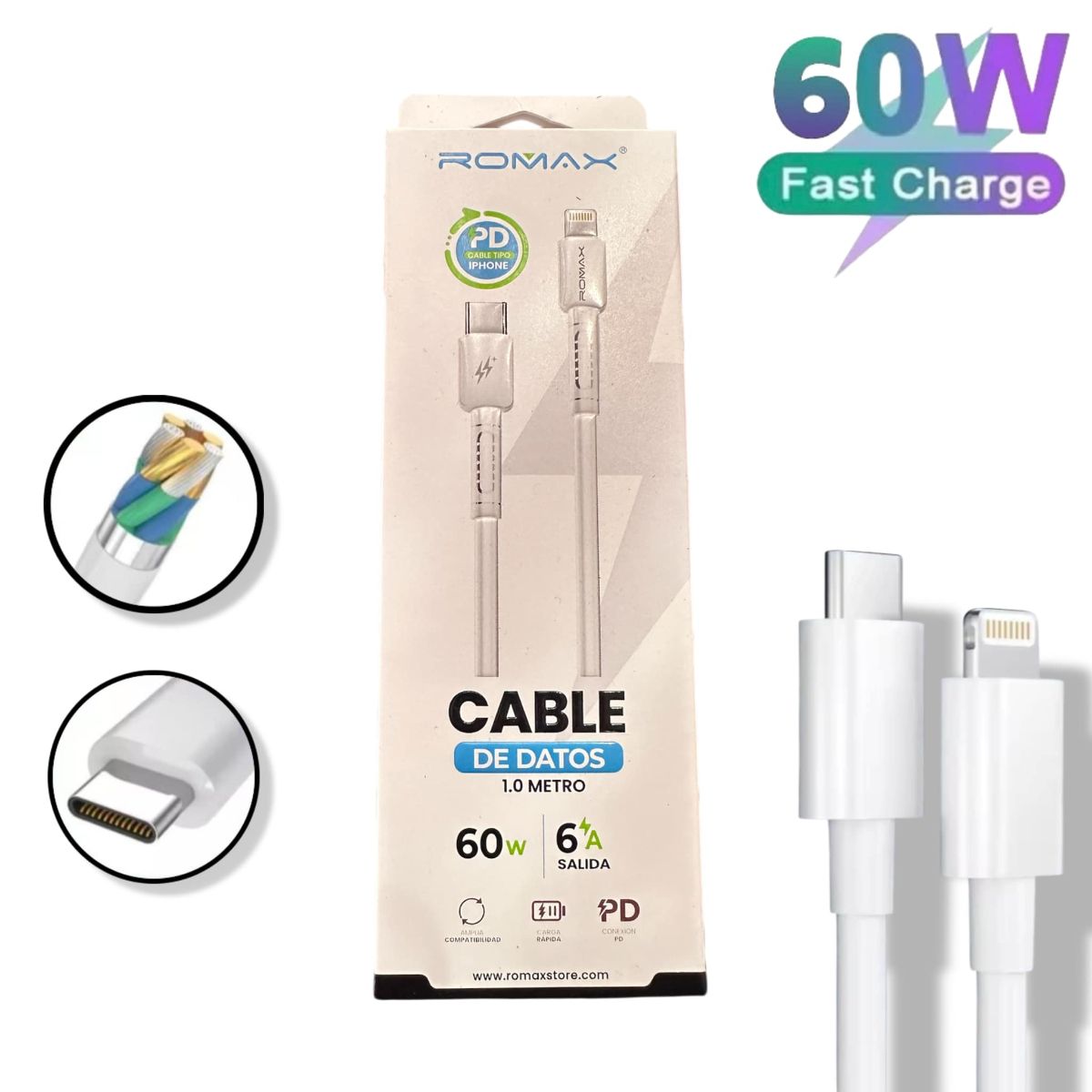 ROMAX - Cable Cargador Usb-C a Lightning 1m compatible Iphone Ipad