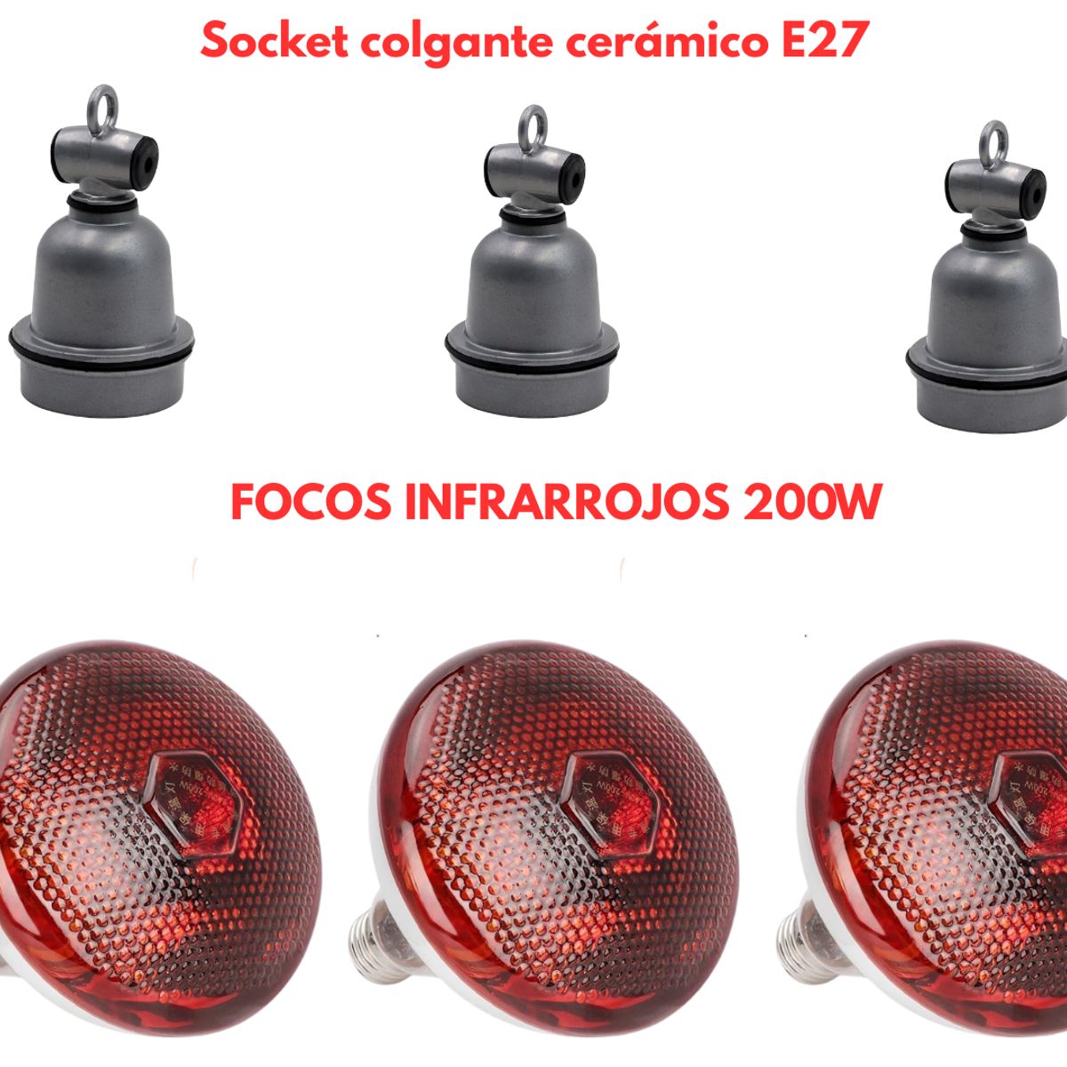 GENERICO - Pack 3 Socket Cerámico Modelo E27 y 3 Foco Infrarrojo 200w