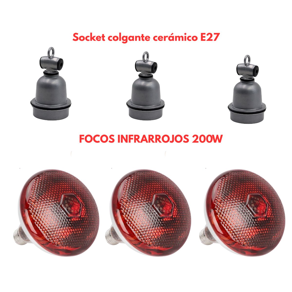 GENERICO - Pack 3 Socket Cerámico Modelo E27 y 3 Foco Infrarrojo 200w