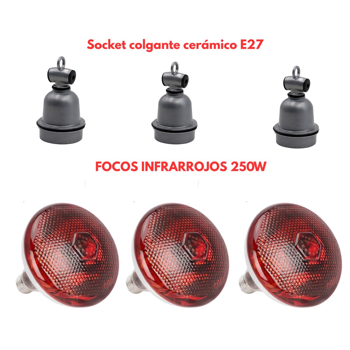 GENERICO - Pack 3 Foco Infrarrojo 250w y 3 Socket Colgantes Cerámico Modelo E27