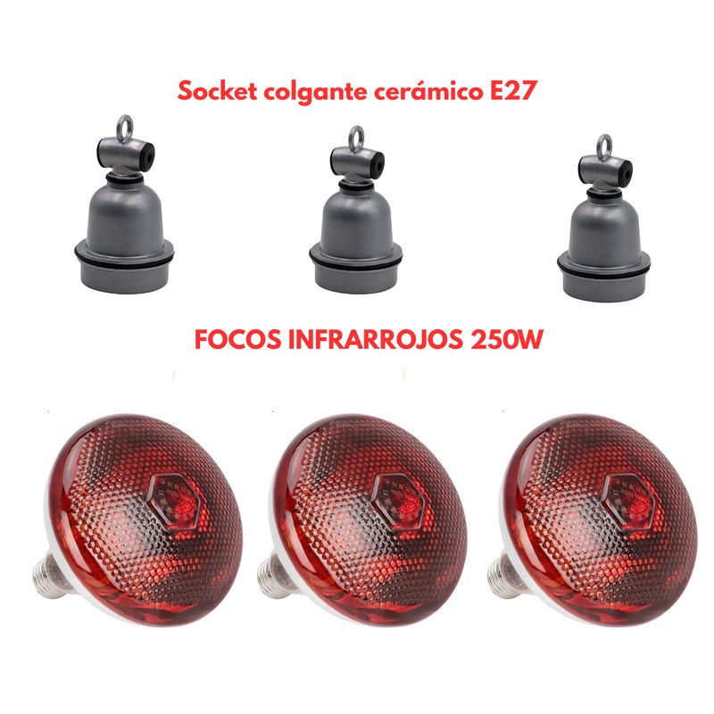 GENERICO - Pack 3 Foco Infrarrojo 250w y 3 Socket Colgantes Cerámico Modelo E27