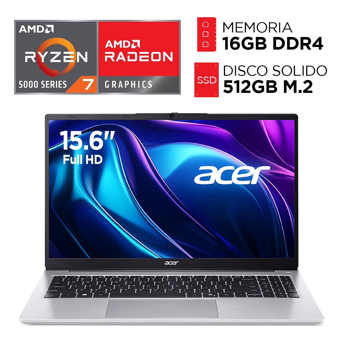 ACER - Laptop ACER RYZEN 7 5700U RAM 16GB SSD 512GB Pantalla 15.6” FULL HD