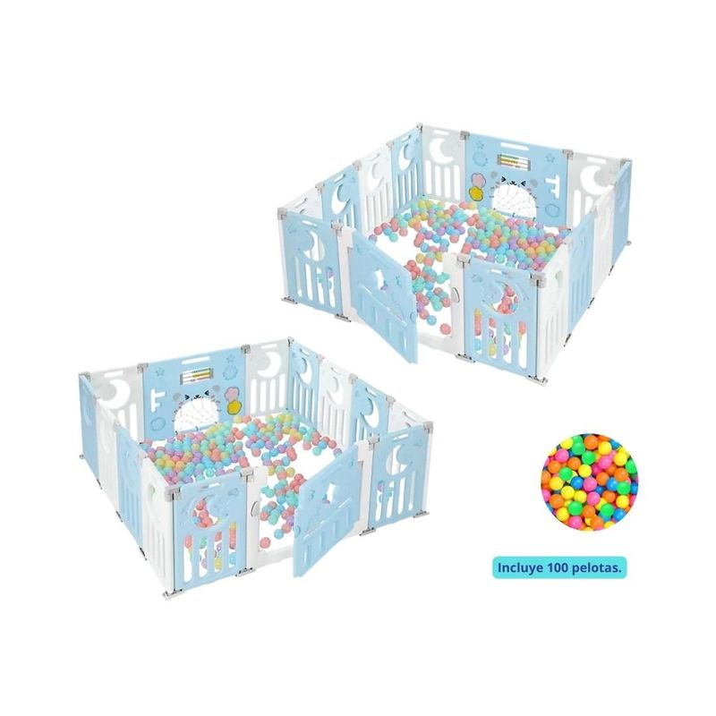 GENERICO - Combo Mellizo Corral de Juegos con Pelotas Celeste para Bebé