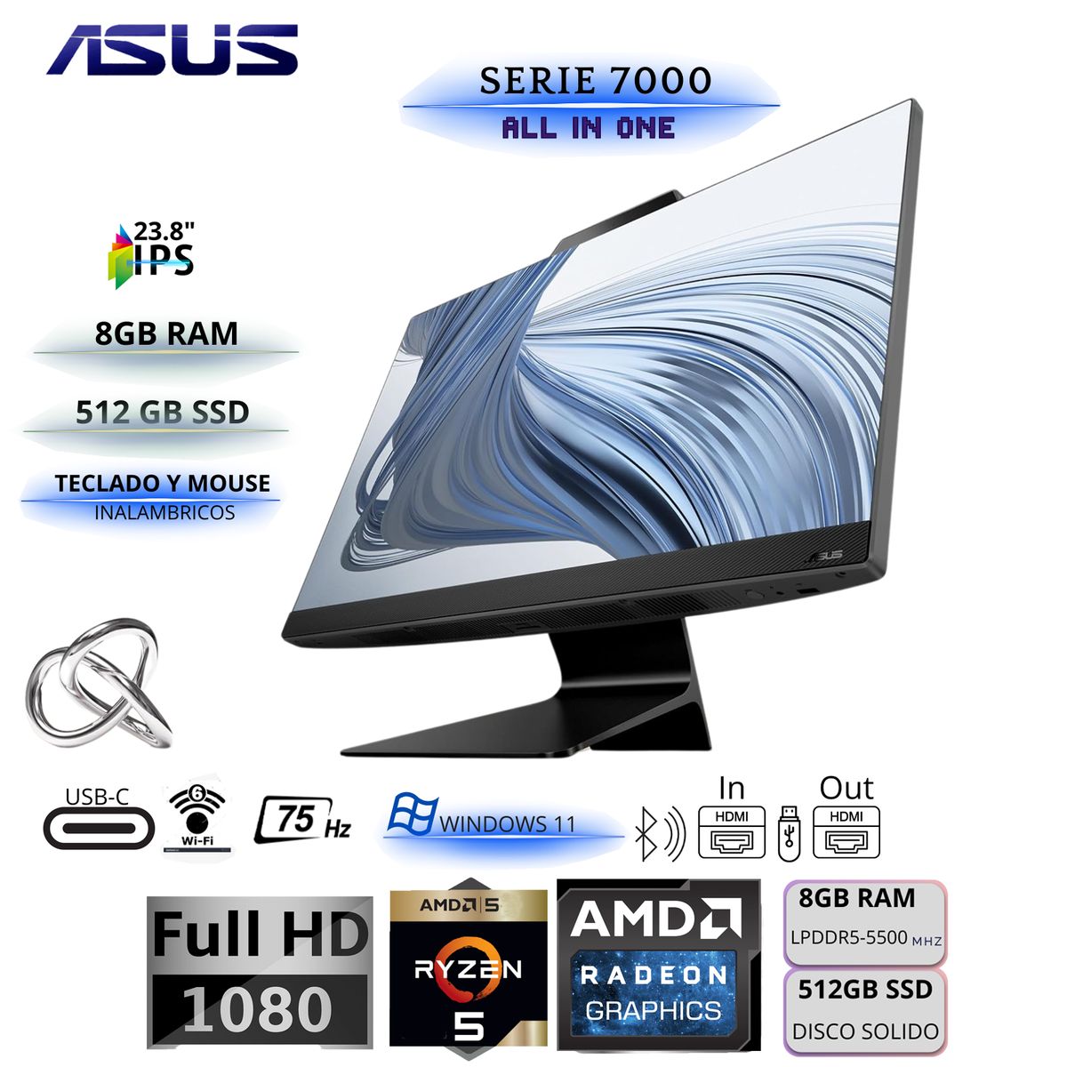 ASUS - All in One Asus M3402 23.8" AMD Ryzen 5 8GB 512GB SSD Windows 11 Teclado y Mouse