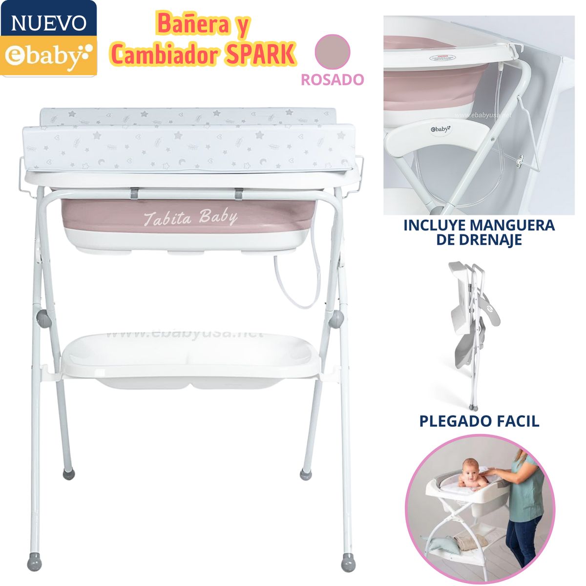 EBABY - Bañera cambiador plegable para bebe Spark Rosado
