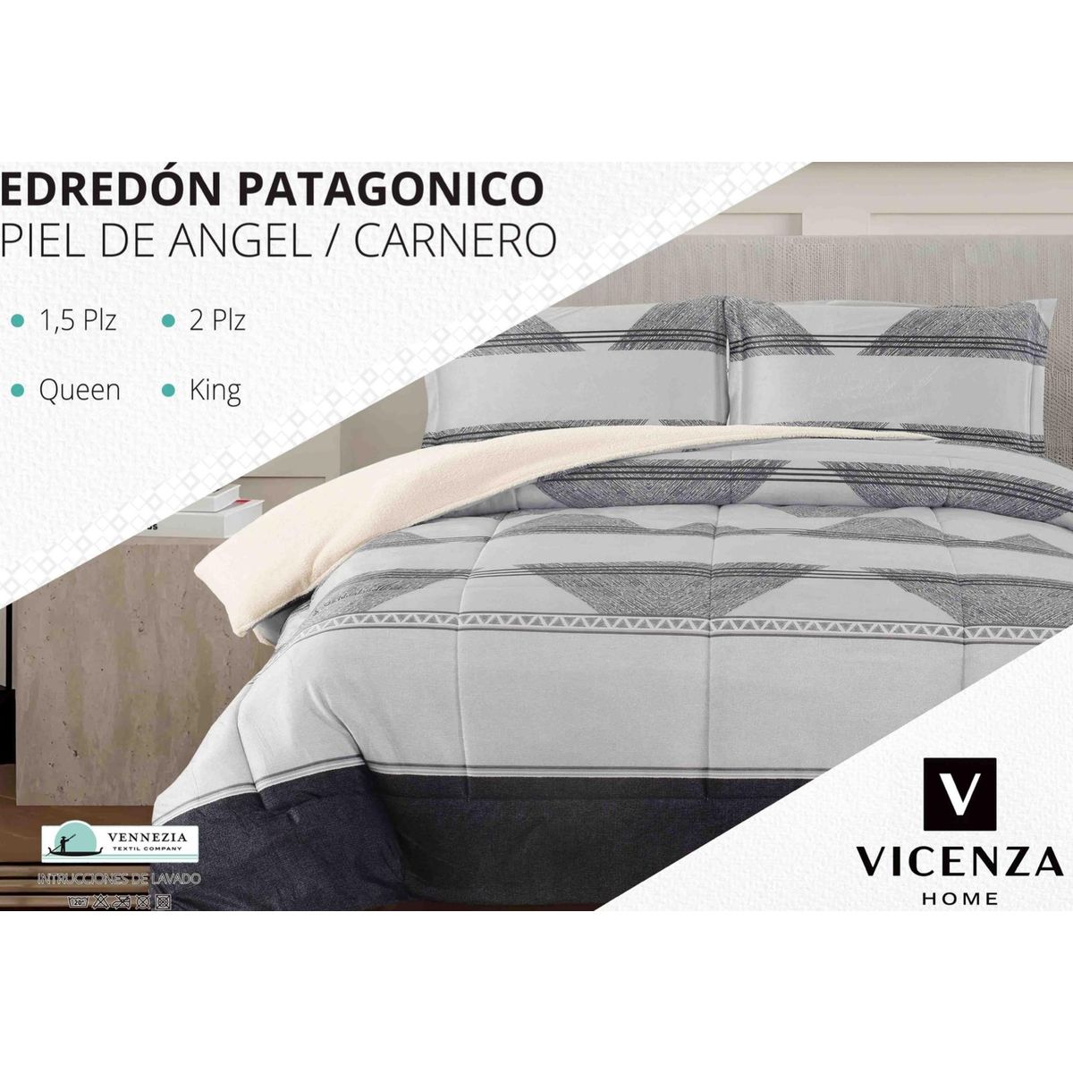 VENEZIA - Edredón 2 plazas Piel de Ángel con Carnero Sherpa + Juego de Sábanas