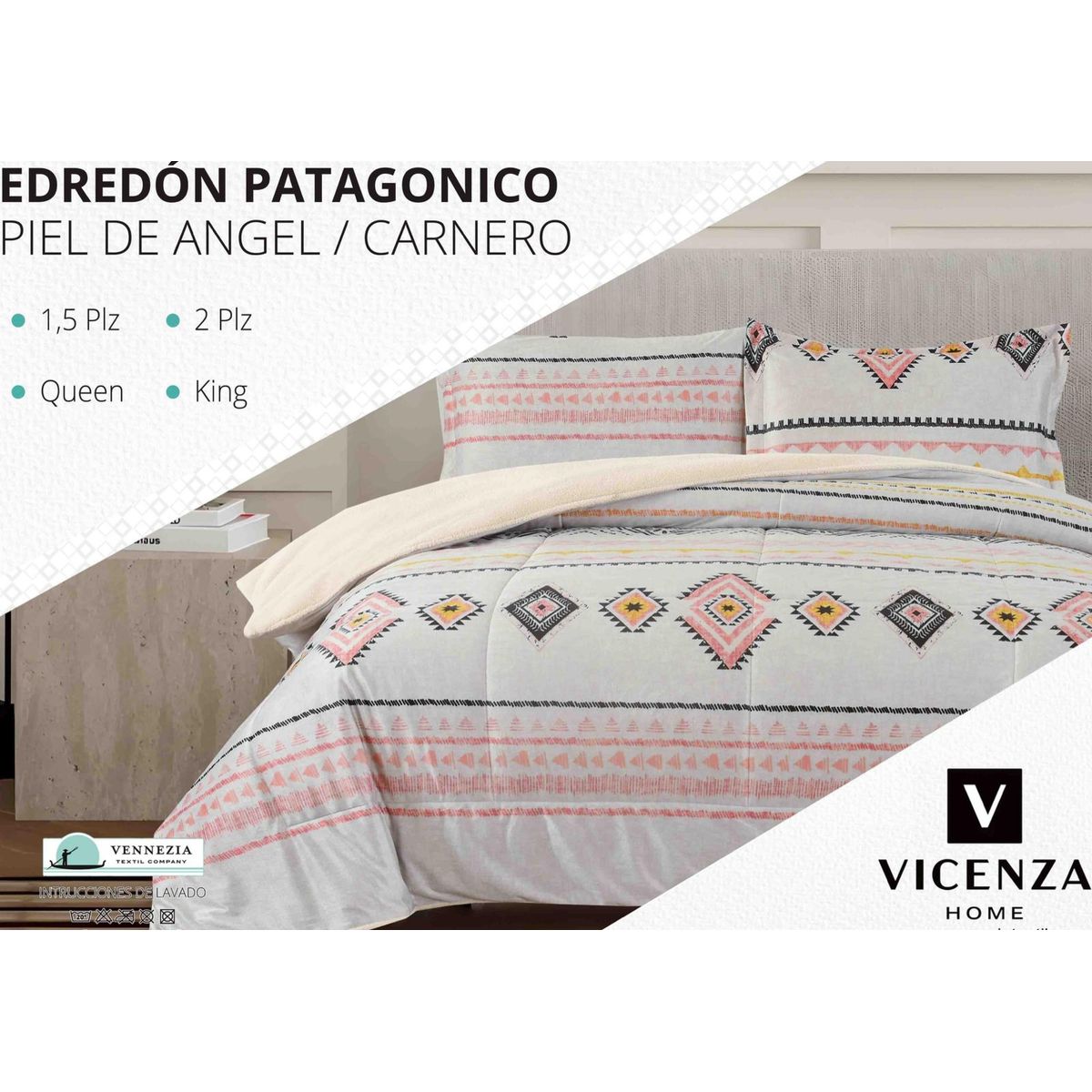 VENEZIA - Edredón 2 plazas Piel de Ángel con Carnero Sherpa + Juego de Sábanas