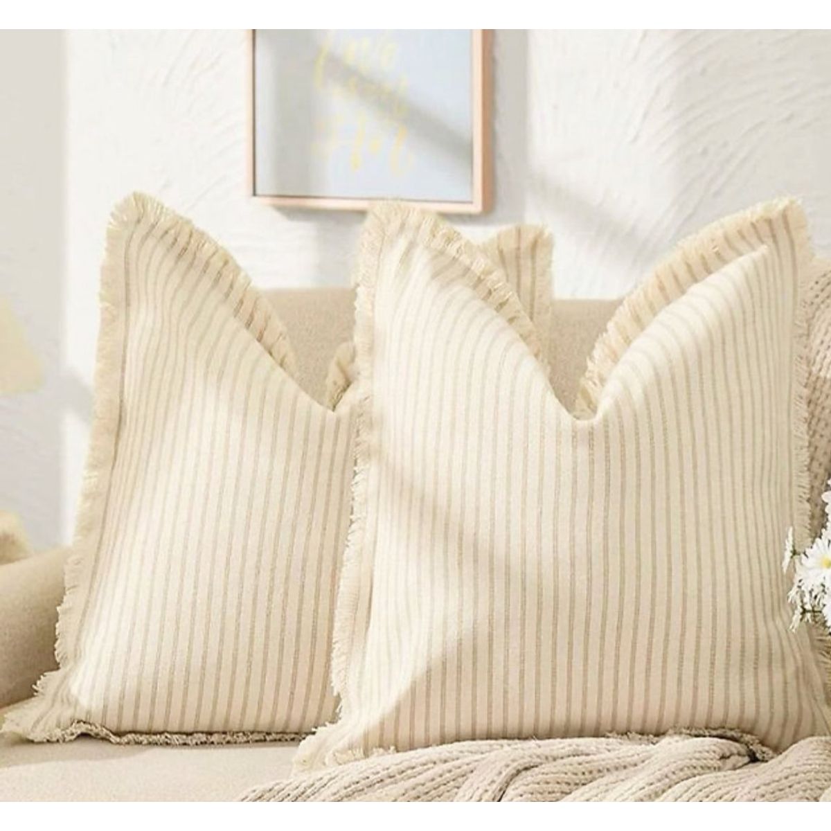 GENERICO - Cojín Martina beige rayas flecos crema