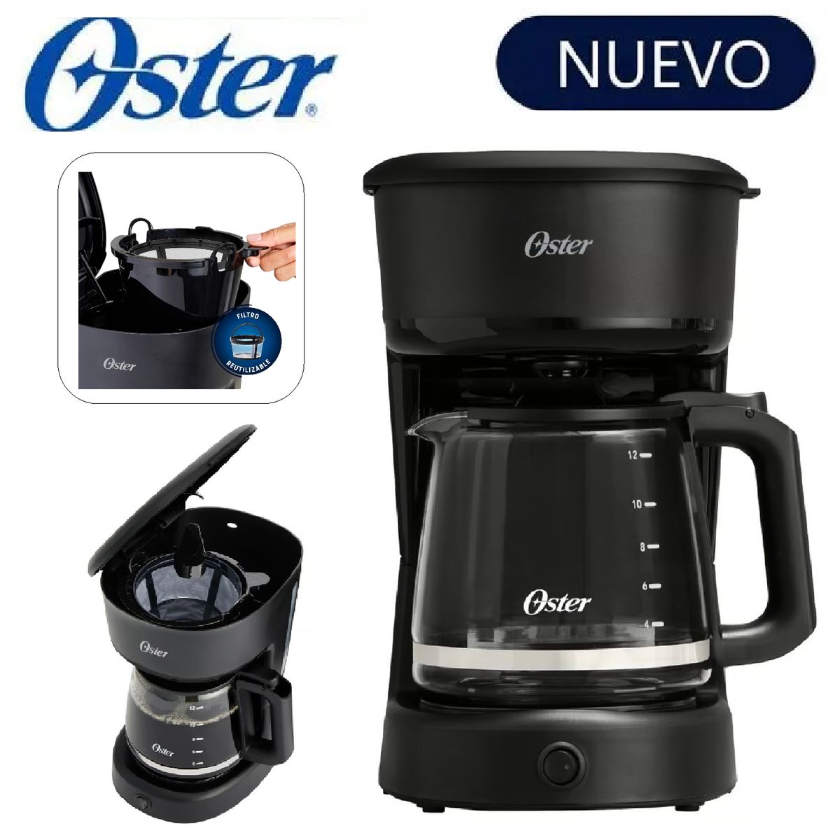 OSTER - Cafetera Oster 12tz de filtro reutilizable BVSTDCS121B -Negra