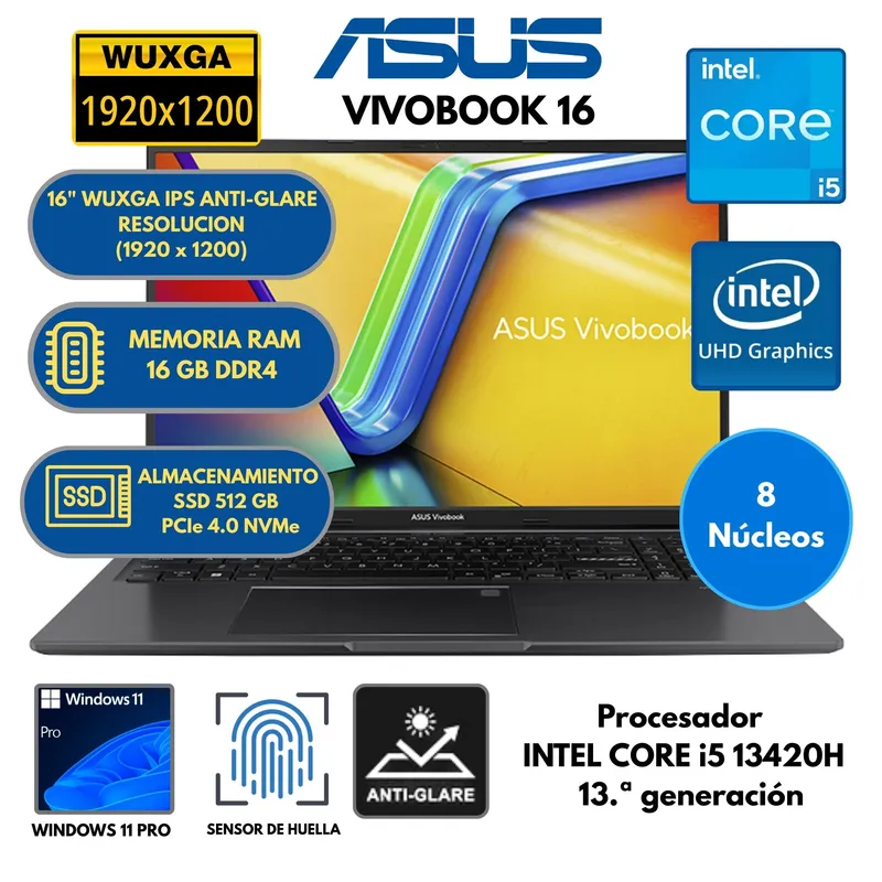 ASUS - Laptop Asus Vivobook 16 Intel Core I5 -Ram 16 GB SSD 512 GB 16" Wuxga Ips Windows 11 PRO