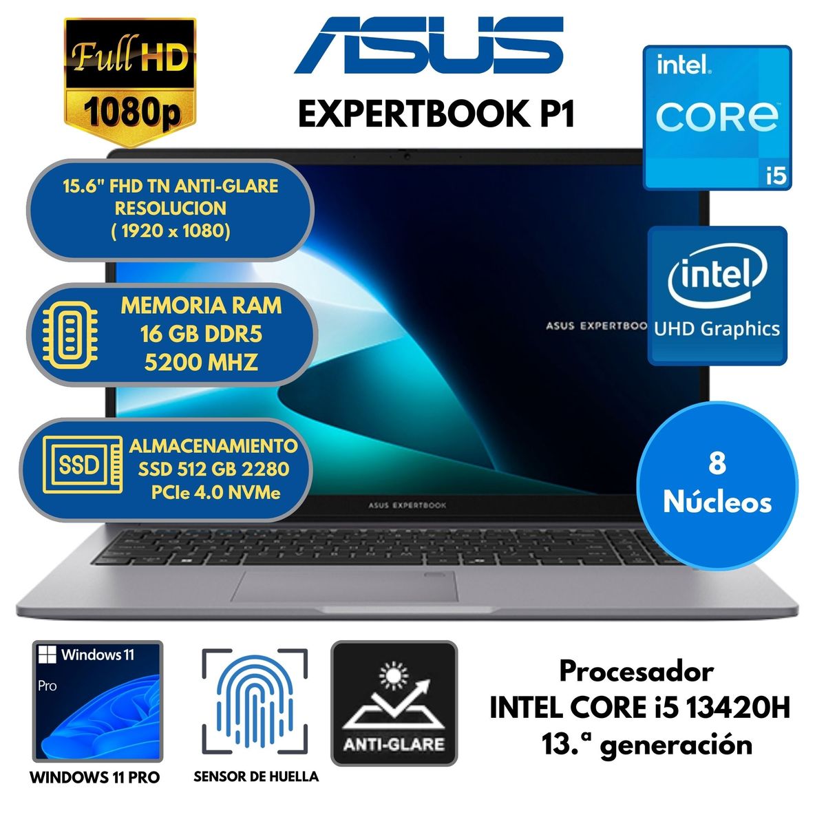 ASUS - Laptop Asus Expertbook P1 Intel Core I5 -Ram 16 GB SSD 512 GB 15.6” FHD TN Windows 11 PRO
