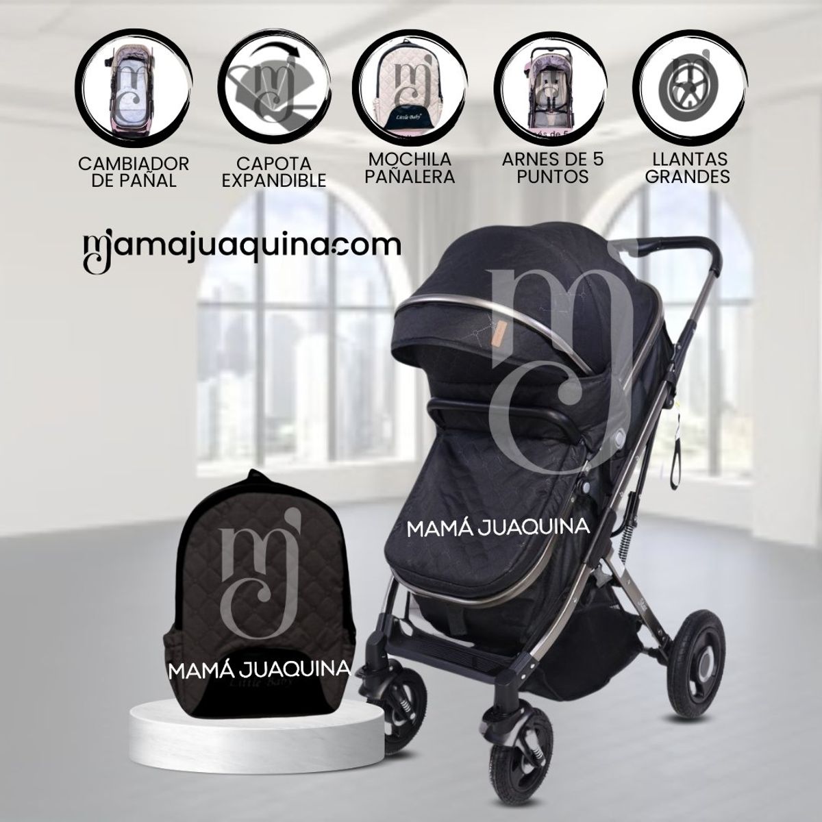 BABY - Coche Moisés con Mochila Pañalera «STAR» Black