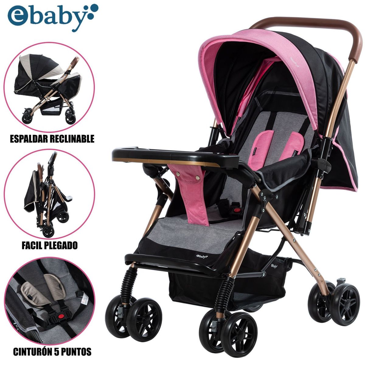 EBABY - Coche Cuna de Lujo «BON» Reclinable Pink
