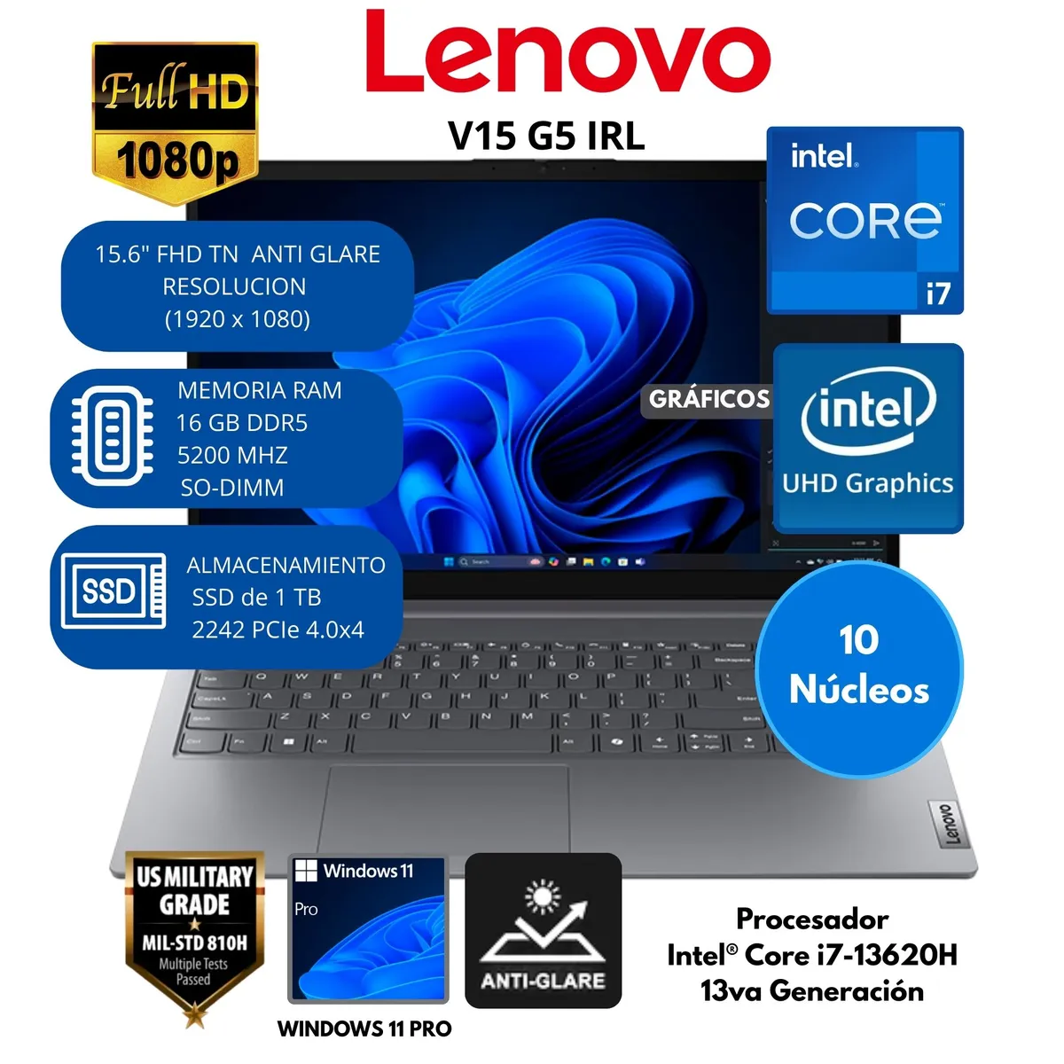 LENOVO - Laptop Lenovo Intel® Core i7 (V15 G5 IRL) RAM 16 GB SSD 1 TB 15.6" FHD TN Windows 11 PRO