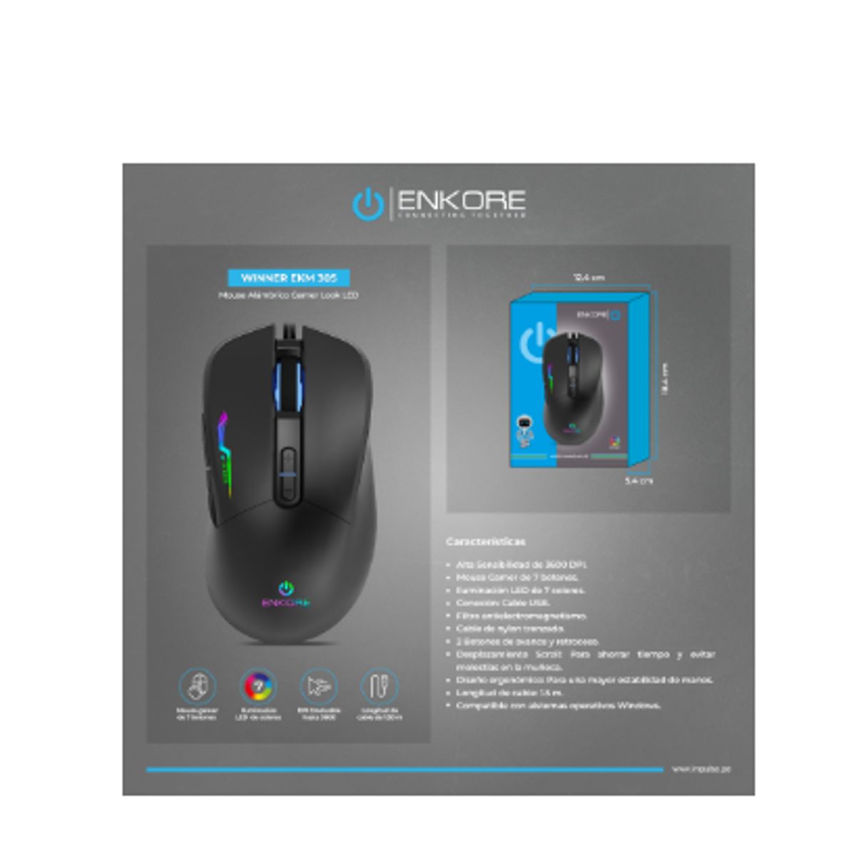 ENKORE - Mouse Gamer WINNER EKM305 USB 7LEDS 7B 3600DPI ENKORE