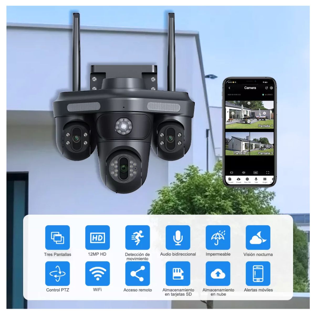 SEISA - Camara de Seguridad y Vigilancia Exterior 3 Lentes Wifi PTZ