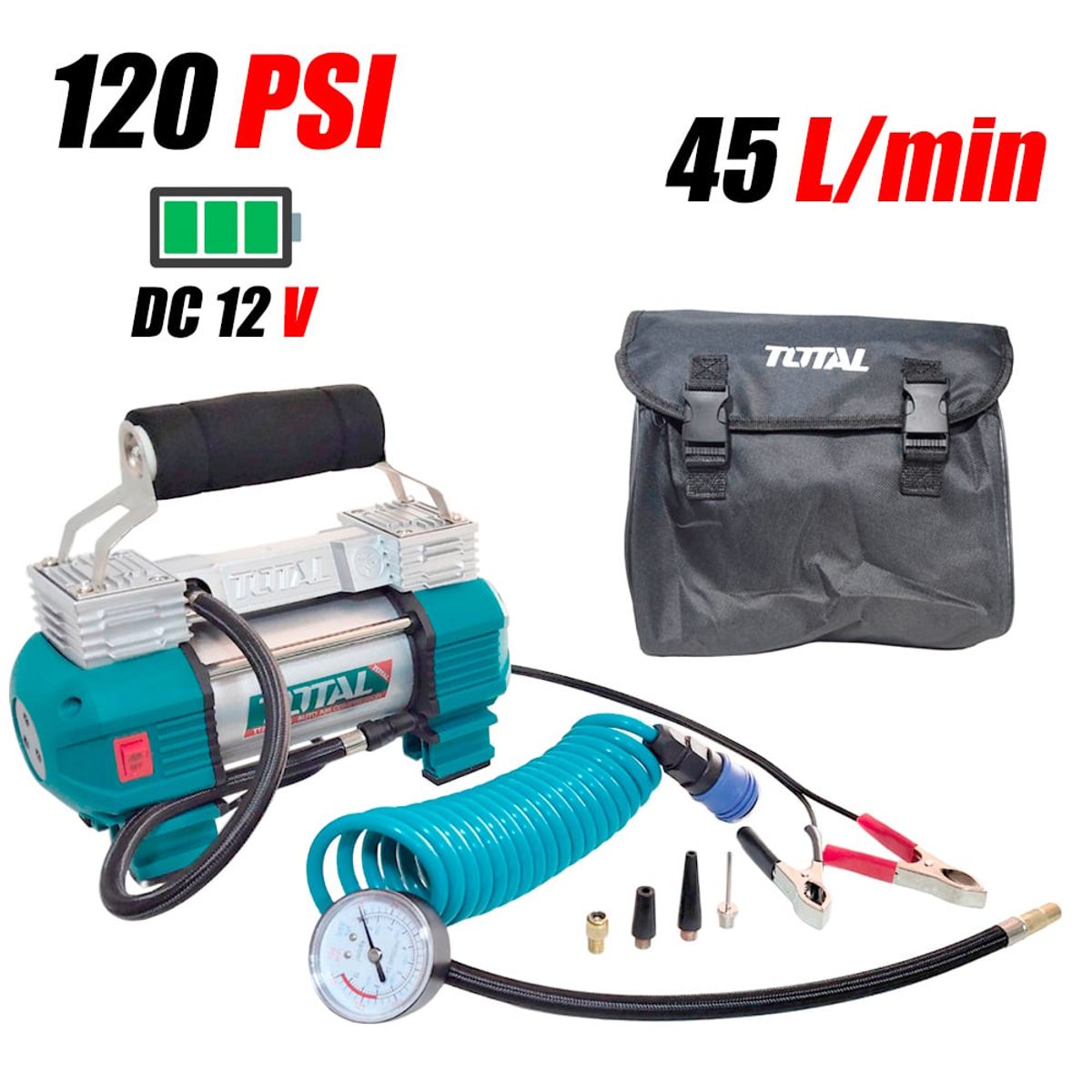TOTAL TOOLS - Mini Compresora Aire Portatil Auto Vehiculos 12V TTAC2506 120PSI Dos Pistones