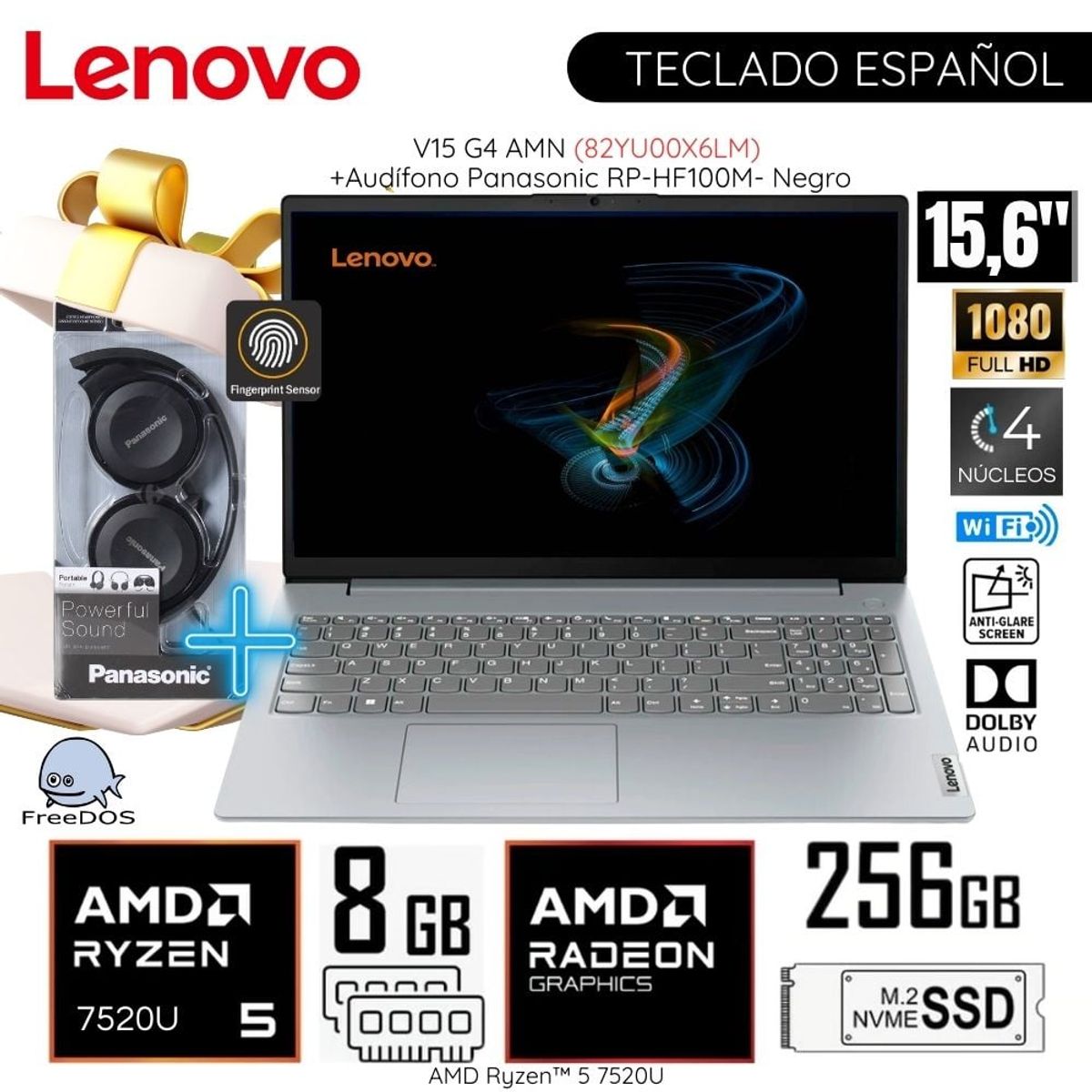 LENOVO - Laptop Lenovo V15 G4 AMN AMD Ryzen 5-7520U 8GB RAM 256GB SSD 15.6"  FHD + Audífono