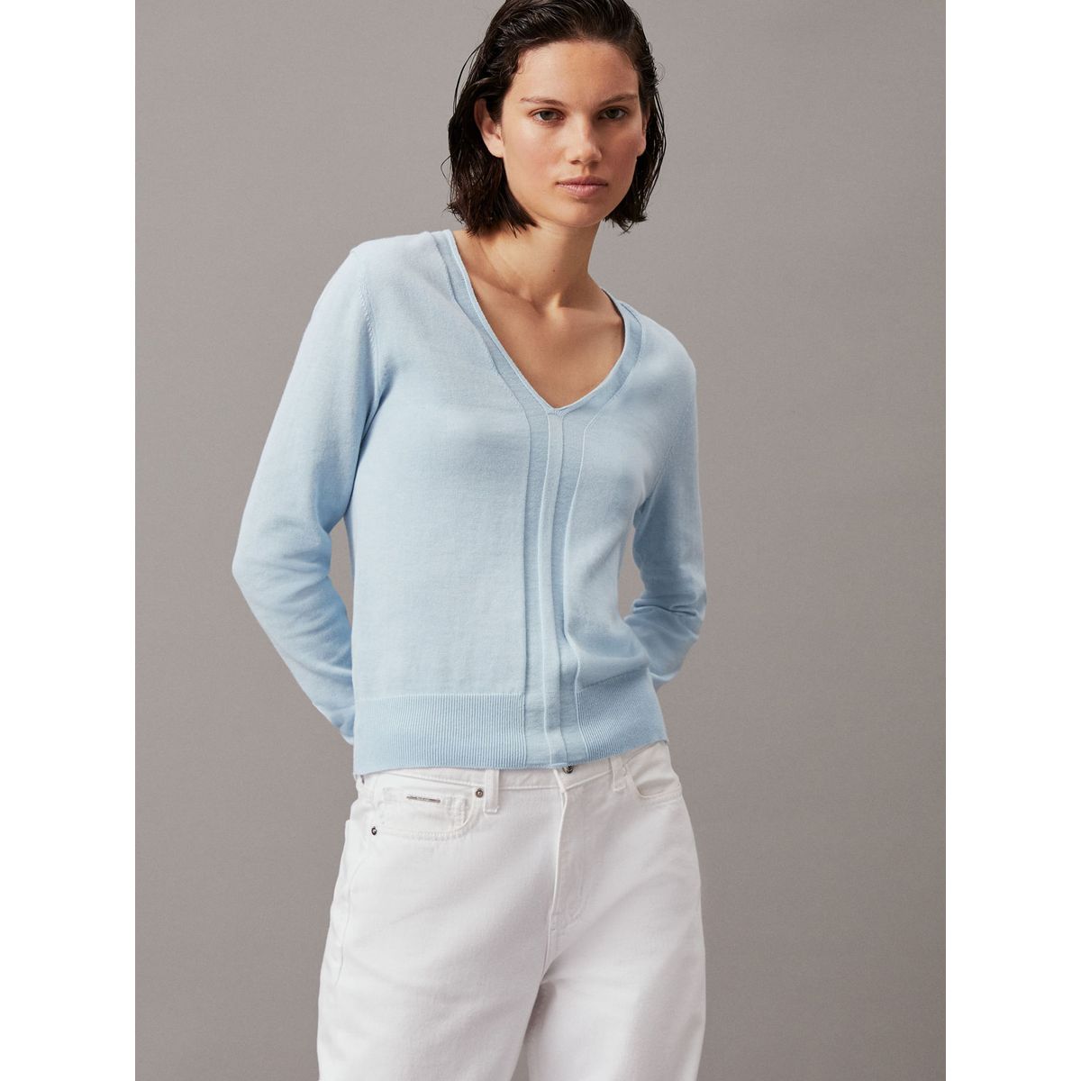 CALVIN KLEIN - SWEATER COTTON SILK V-NECK SWEATER