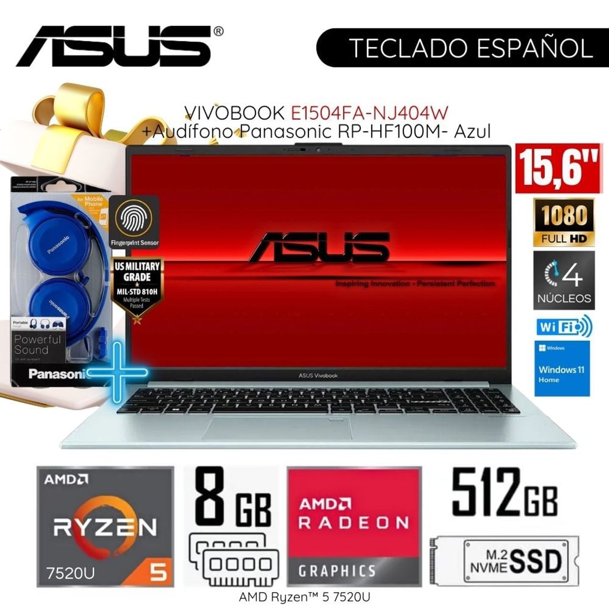 ASUS - Laptop ASUS E1504FA-NJ404W AMD Ryzen5-7000 8GB RAM 512GB SSD 156 FHD WIND 11+ Audífono