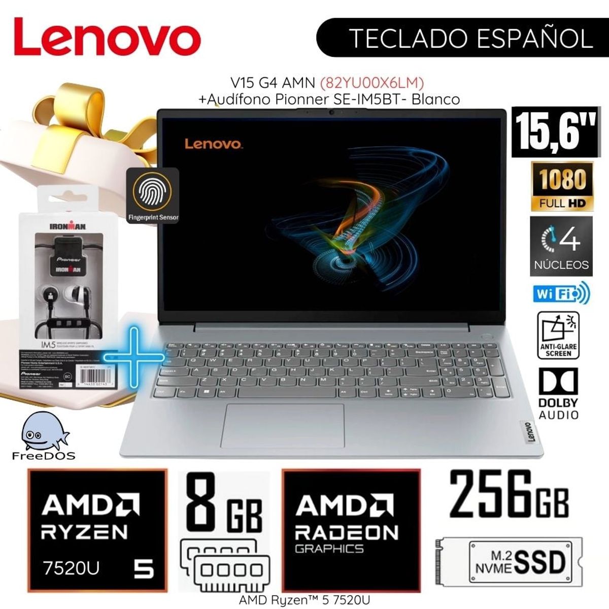 LENOVO - Laptop Lenovo V15 G4 AMN AMD Ryzen 5-7520U 8GB RAM 256GB SSD 15.6"  FHD 82YU00X6LM+ Audífono