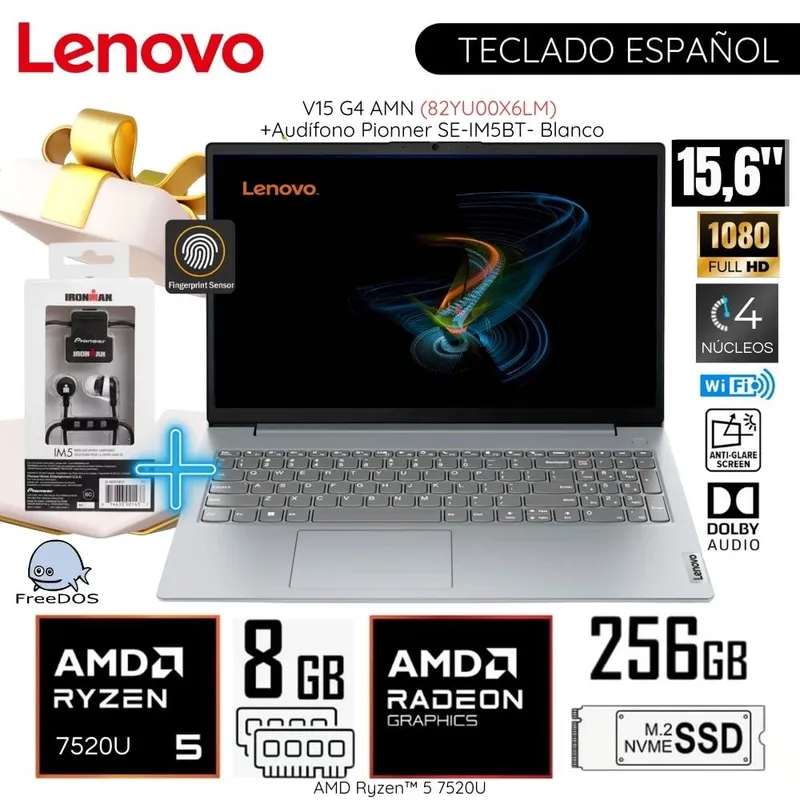 LENOVO - Laptop Lenovo V15 G4 AMN AMD Ryzen 5-7520U 8GB RAM 256GB SSD 15.6"  FHD 82YU00X6LM+ Audífono