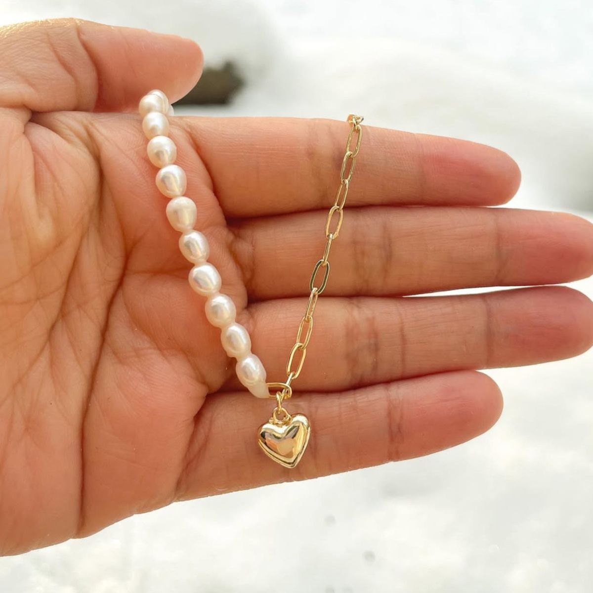 GENERICO - Collar eslabón con perlas naturales y corazón - Naif Jewelry Peru