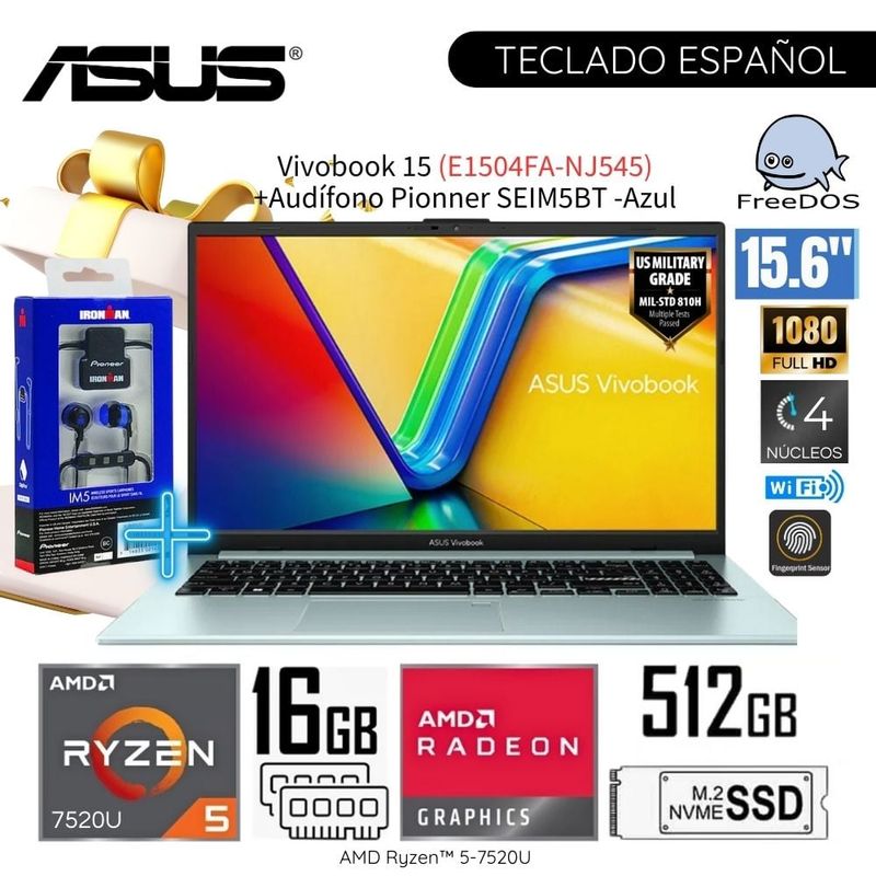 ASUS - Laptop Asus Vivobook E1504FA-NJ545 AMD Ryzen 5-7520U 16GB RAM 512GB SSD 15,6 FHD+ Audífono