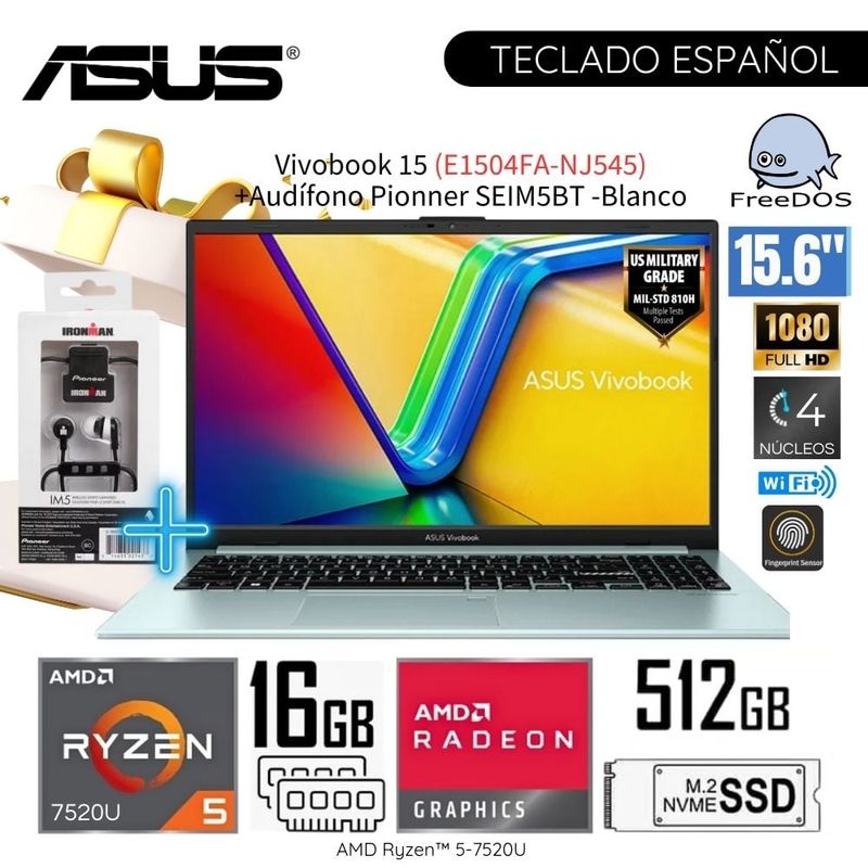 ASUS - Laptop Asus Vivobook E1504FA-NJ545 AMD Ryzen 5-7520U 16GB RAM 512GB SSD 15,6 FHD+ Audífono