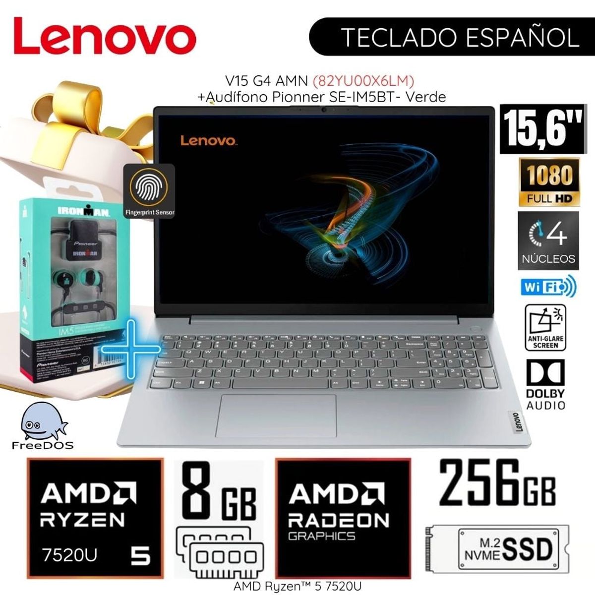 LENOVO - Laptop Lenovo V15 G4 AMN AMD Ryzen 5-7520U 8GB RAM 256GB SSD 15.6"  FHD 82YU00X6LM+ Audífono