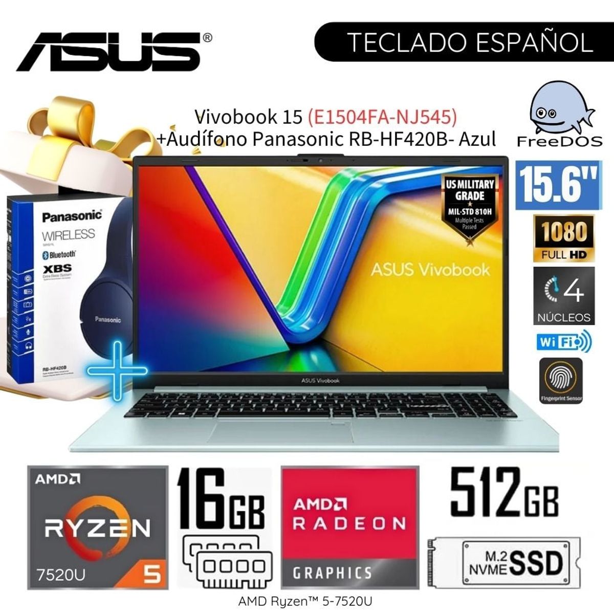 ASUS - Laptop Asus Vivobook E1504FA-NJ545 AMD Ryzen 5-7520U 16GB RAM 512GB SSD 15,6 FHD+ Audífono
