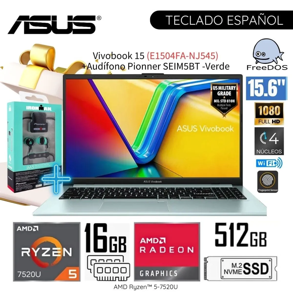 ASUS - Laptop Asus Vivobook E1504FA-NJ545 AMD Ryzen 5-7520U 16GB RAM 512GB SSD 15,6 FHD+ Audífono