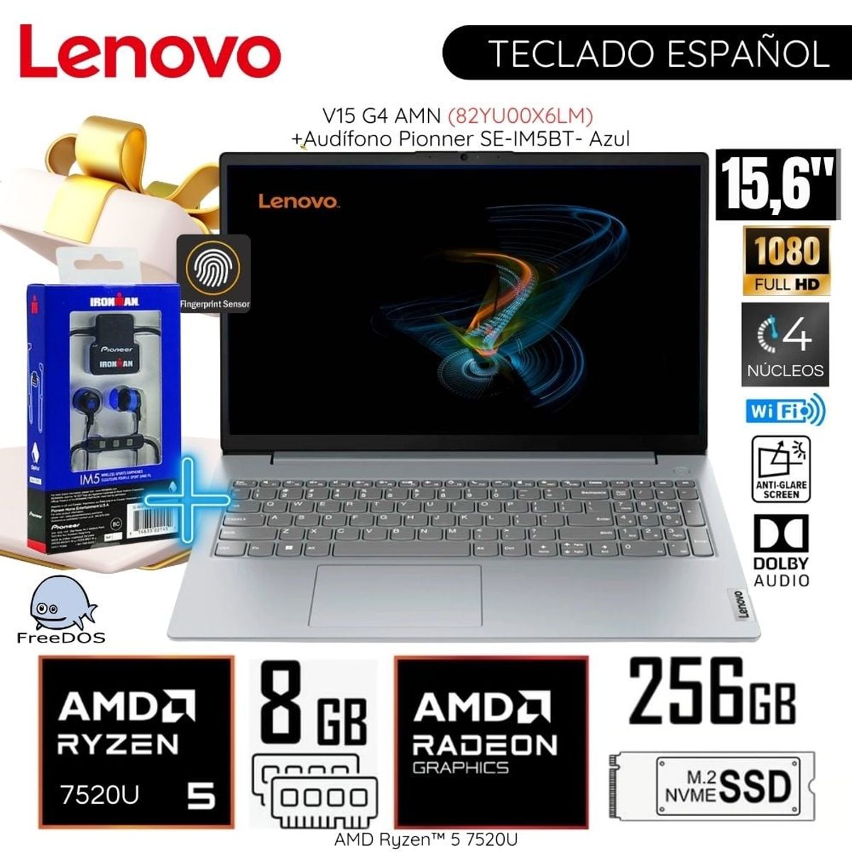 LENOVO - Laptop Lenovo V15 G4 AMN AMD Ryzen 5-7520U 8GB RAM 256GB SSD 15.6"  FHD 82YU00X6LM+ Audífono