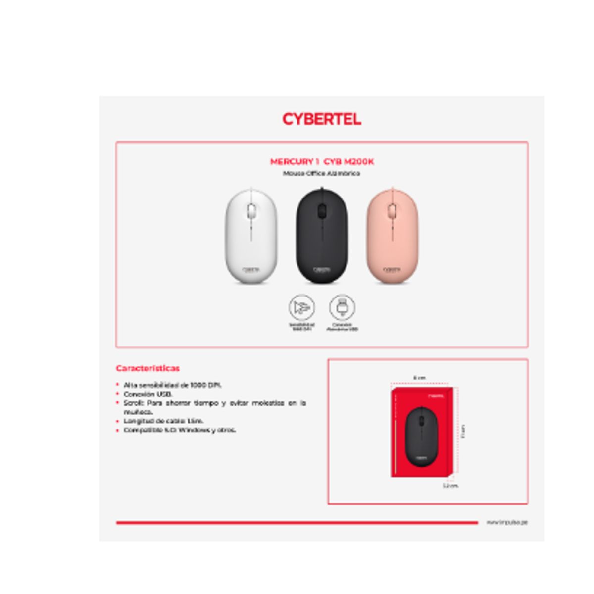 CYBERTEL - Mouse Optico Alambrico MERCURY 1 CYB M200K USB CYBERTEL