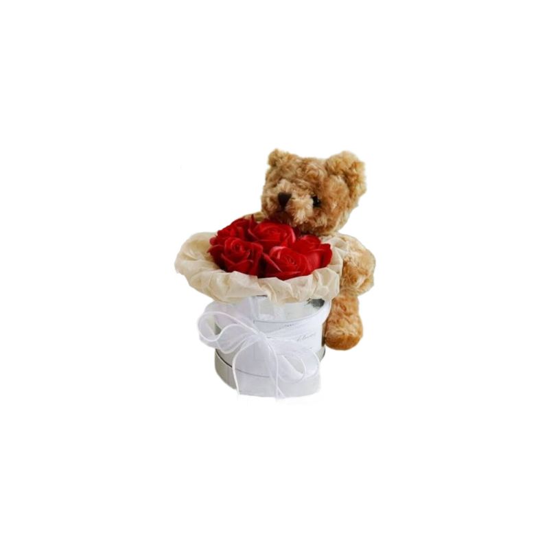 GENERICO - Oso de peluche de 25cm sentado con 7 rosas rojas artificiales