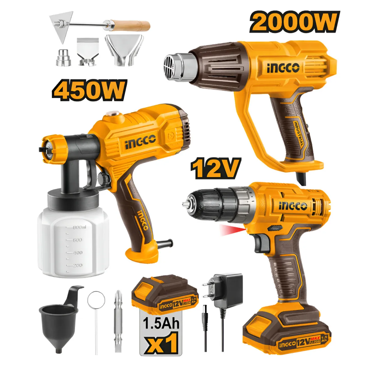 INGCO TOOLS - COMBO ATORNILLADOR INGCO 12V CDLI1218 + PISTOLA PINTAR 450W SPG3508 + PISTOLA CALOR 2000W HG200078