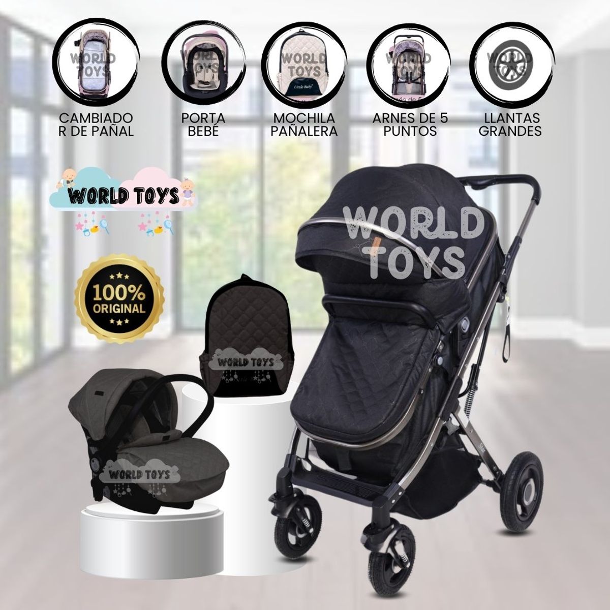 BABY - Coche Moisés con Porta Bebé «STAR VIP» Black