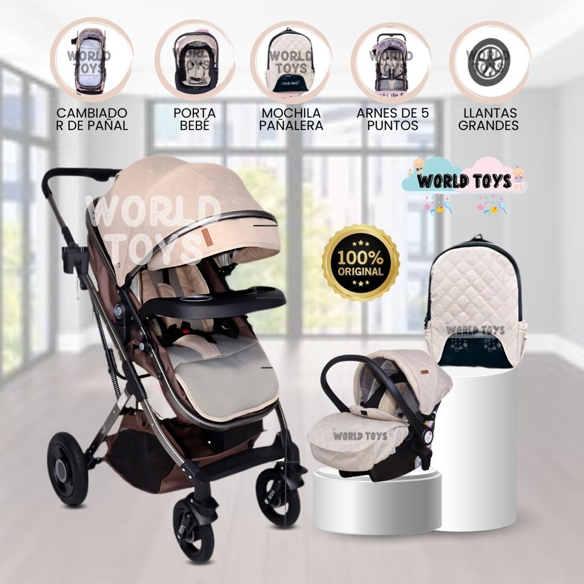 BABY - Coche Moisés con Porta Bebé «STAR VIP» Beige