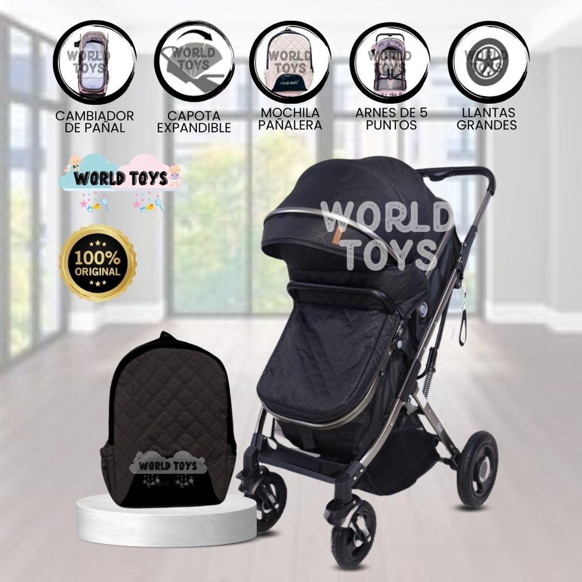 BABY - Coche Moisés con Mochila Pañalera «STAR» Black