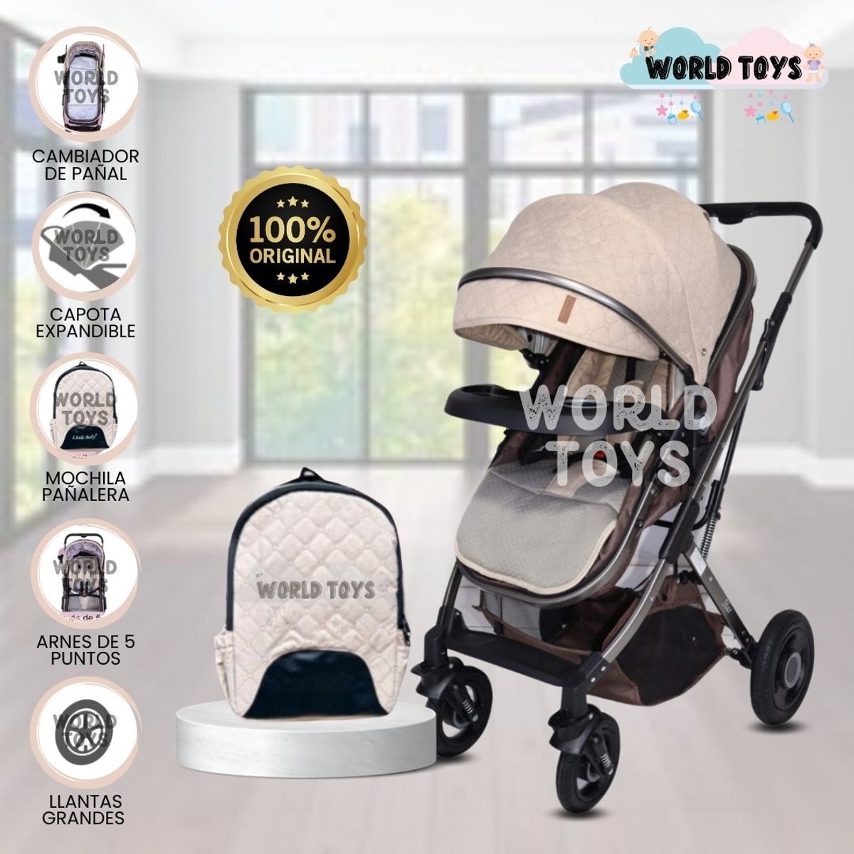 BABY - Coche Moisés con Mochila Pañalera «STAR» Beige