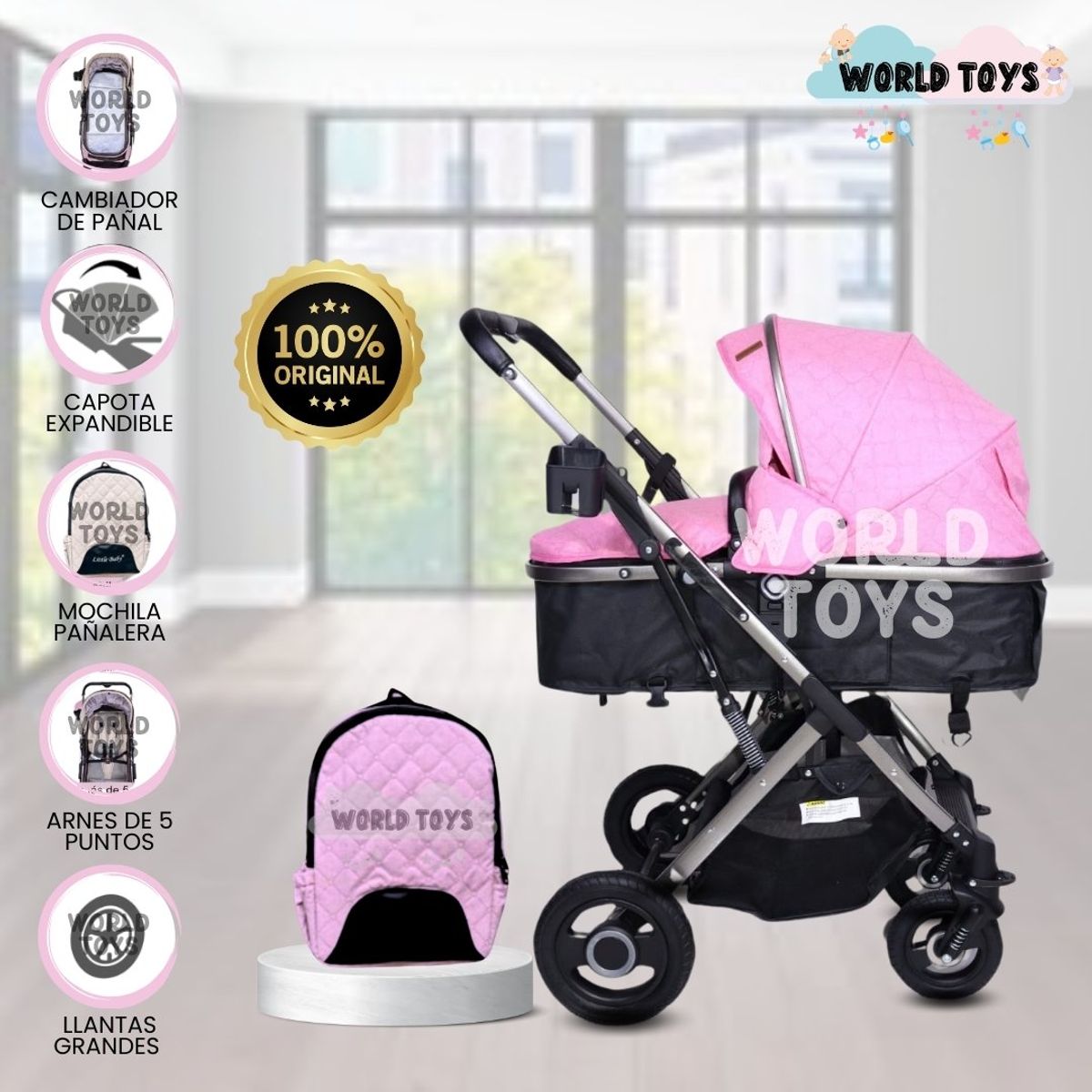 BABY - Coche Moisés con Mochila Pañalera «STAR» Pink