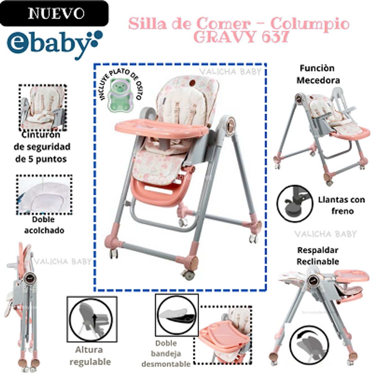 EBABY - SILLA DE COMER- COLUMPIO GRAVY - ROSADO