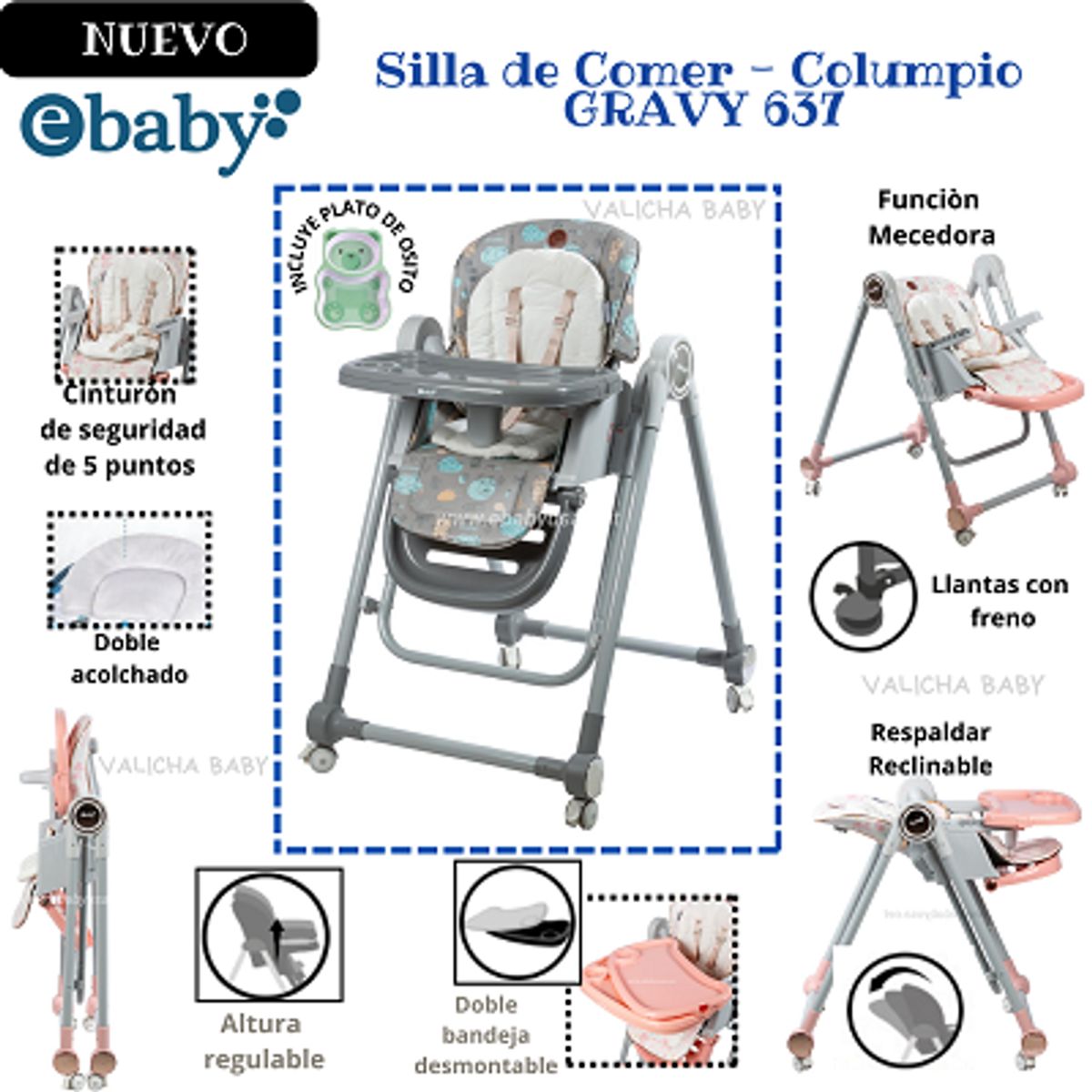 EBABY - SILLA DE COMER- COLUMPIO GRAVY - GRIS