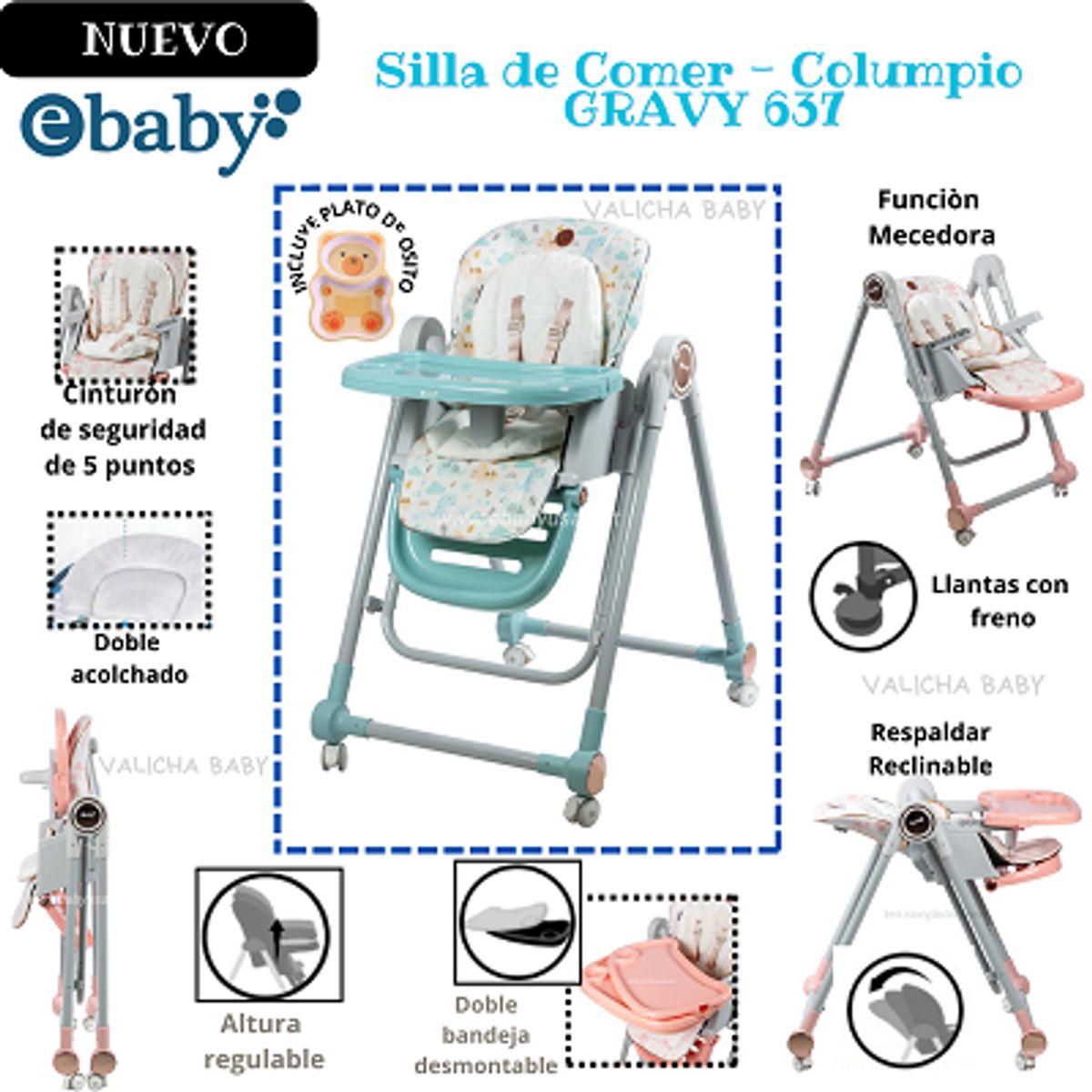 EBABY - SILLA DE COMER- COLUMPIO GRAVY - VERDE